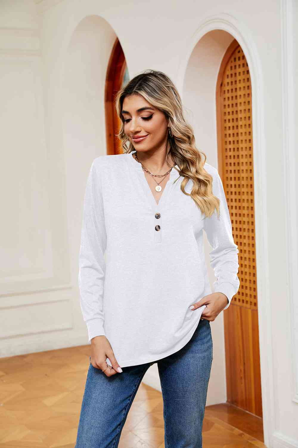 Buttoned Notched Neck Long Sleeve Top - Flyclothing LLC