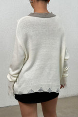 Distressed V-Neck Dropped Shoulder Sweater - Flyclothing LLC