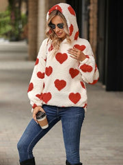 Fuzzy Heart Pocketed Dropped Shoulder Hoodie - Flyclothing LLC