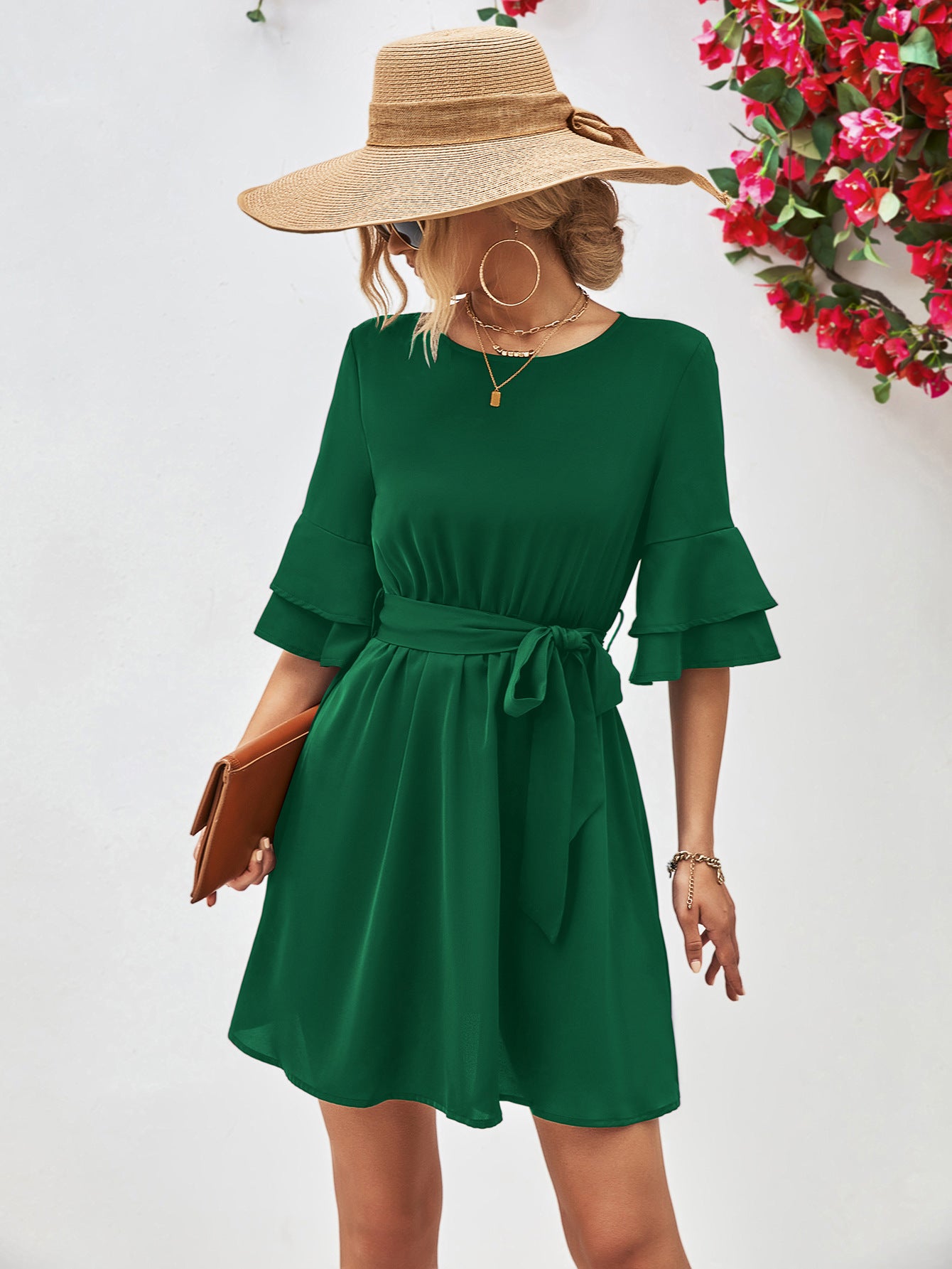 Round Neck Tie Belt Flounce Sleeve Dress - Flyclothing LLC