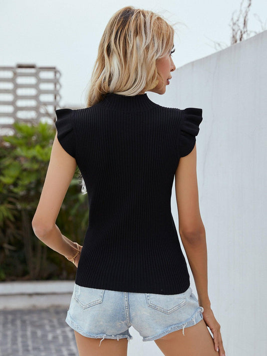 Flutter Sleeve Mock Neck Ribbed Top - Flyclothing LLC