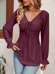 Tie Front V-Neck Puff Sleeve Blouse - Flyclothing LLC