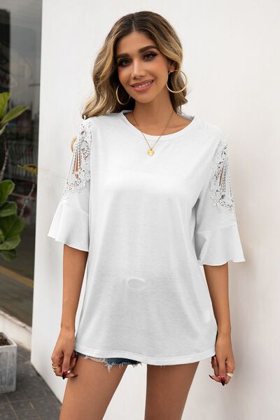 Ruffled Cutout Round Neck Half Sleeve T-Shirt - Flyclothing LLC