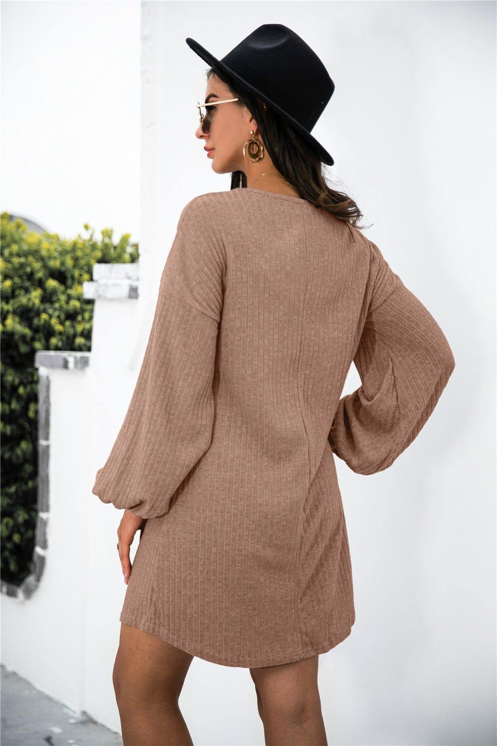 Balloon Sleeve Crisscross Detail Knit Dress - Trendsi