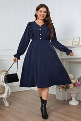 Plus Size V-Neck Buttoned Flounce Sleeve Dress - Flyclothing LLC