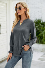 Heathered Flounce Sleeve Curved Hem Top - Trendsi