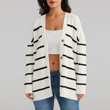 Striped V-Neck Long Sleeve Cardigan - Flyclothing LLC