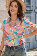 Multicolored Frill Trim V-Neck Flounce Sleeve Blouse - Flyclothing LLC