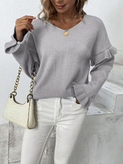 Ruffled V-Neck Dropped Shoulder Sweater - Flyclothing LLC