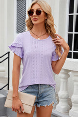 Eyelet Round Neck Petal Sleeve T-Shirt - Flyclothing LLC