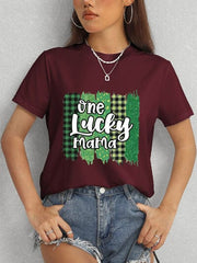 ONE LUCKY MAMA Round Neck T-Shirt - Trendsi