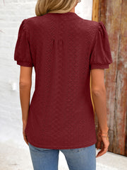 Eyelet Notched Puff Sleeve T-Shirt - Flyclothing LLC