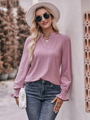 Eyelet Notched Neck Flounce Sleeve Blouse - Trendsi