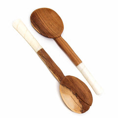 Olive Wood Salad Servers with Bone Handles, White with Etching Design - Jedando