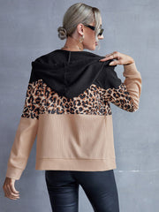 Drawstring Leopard Zip Up Hooded Jacket - Flyclothing LLC