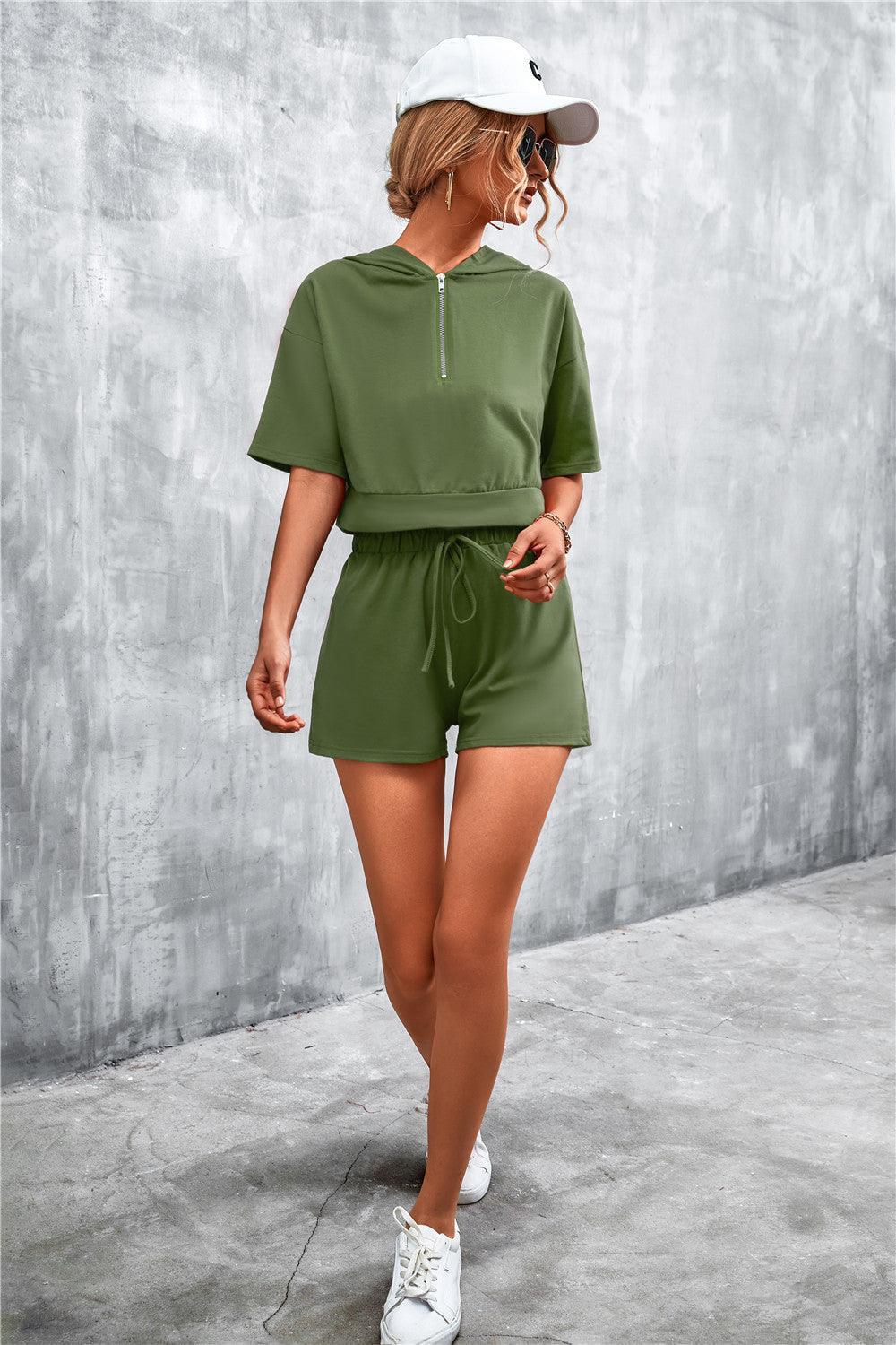 Half Zip Cropped Hooded T-Shirt and Shorts Set - Flyclothing LLC