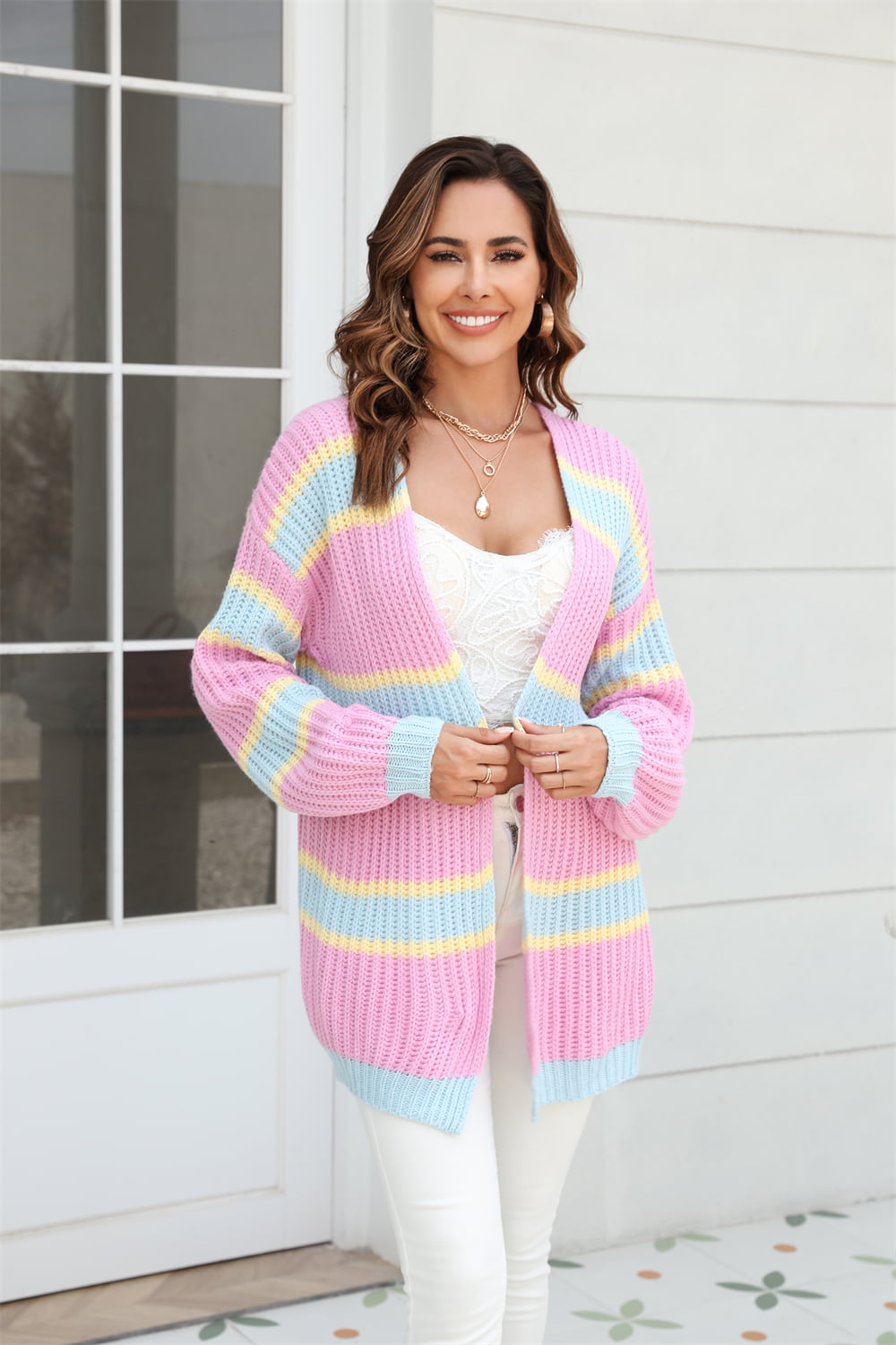 Color Block Ribbed Dropped Shoulder Open Front Cardigan - Flyclothing LLC