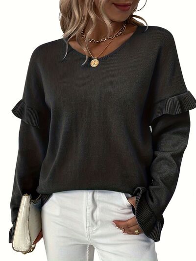 V-Neck Ruffle Trim Long Sleeve Sweater - Flyclothing LLC