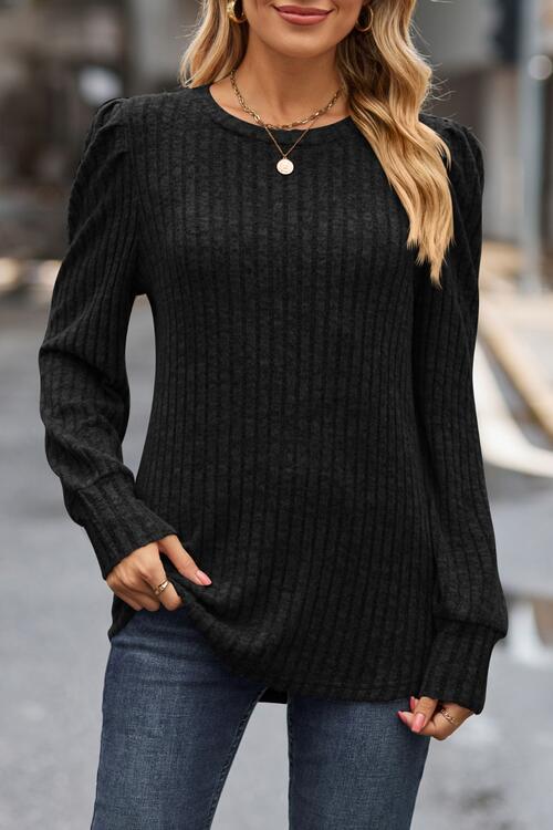 Ribbed Round Neck Long Sleeve Knit Top - Flyclothing LLC