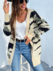 Camouflaged Dropped Shoulder Open Front Cardigan - Flyclothing LLC