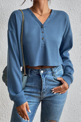 Cropped V-Neck Raglan Sleeve Buttoned Blouse - Trendsi