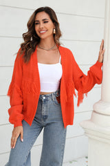 Fringe Trim Open Front Cardigan - Flyclothing LLC