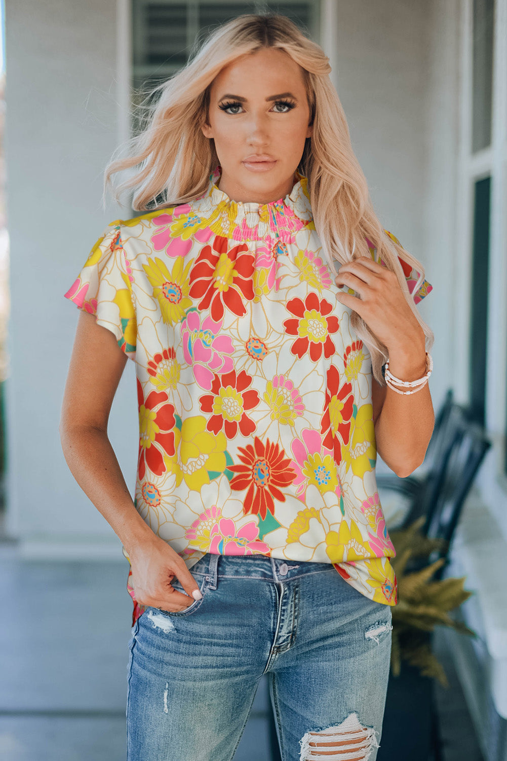 Floral Frill Neck Smocked Flutter Sleeve Blouse - Flyclothing LLC