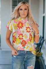 Floral Frill Neck Smocked Flutter Sleeve Blouse - Flyclothing LLC