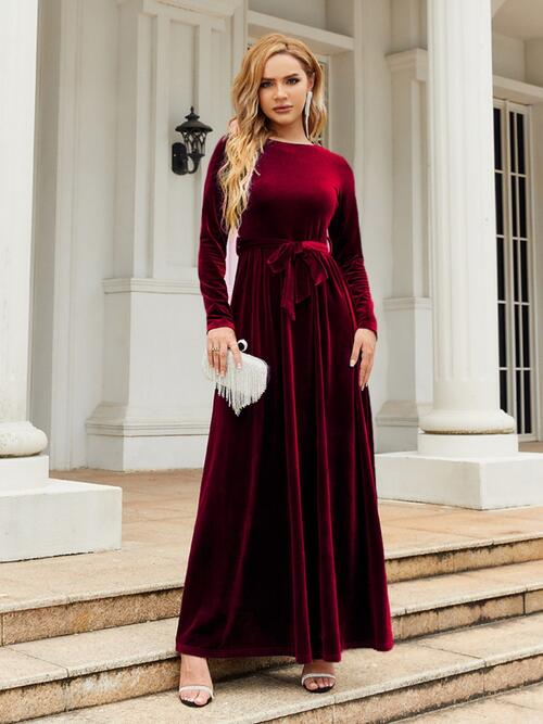 Tie Front Round Neck Long Sleeve Maxi Dress - Flyclothing LLC