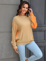 Contrast Round Neck Dropped Shoulder Sweater - Trendsi