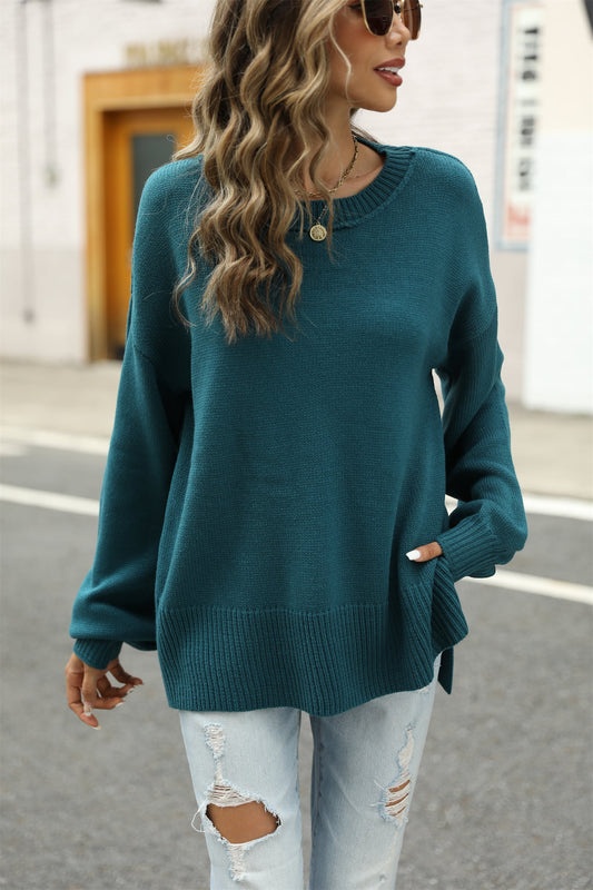 Round Neck Dropped Shoulder Slit Sweater - Flyclothing LLC