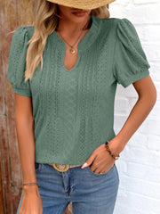 Eyelet Notched Puff Sleeve T-Shirt - Flyclothing LLC