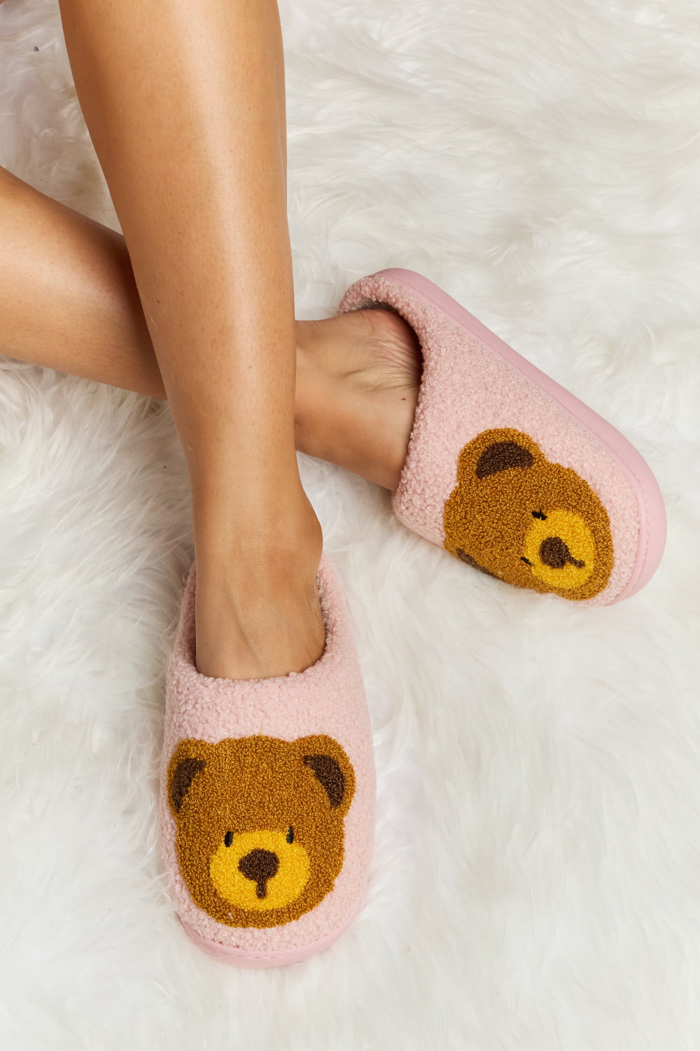 Melody Teddy Bear Print Plush Slide Slippers - Flyclothing LLC