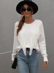 Fringe Detail Ribbed Trim Sweater - Flyclothing LLC