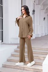 Drawstring Flounce Sleeve Shirt and Pants Set - Flyclothing LLC