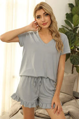 V-Neck Short Sleeve Top and Drawstring Shorts Lounge Set - Flyclothing LLC