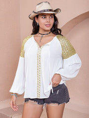 Plus Size Sequin Tie Neck Dropped Shoulder Blouse - Flyclothing LLC