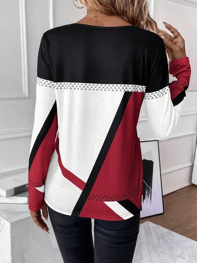 Contrast Round Neck Long Sleeve T-Shirt - Flyclothing LLC