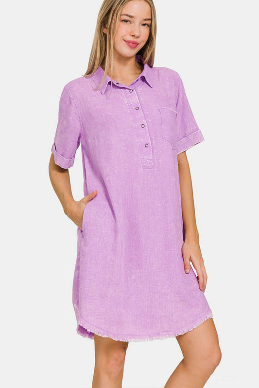 Zenana Washed Linen Raw Hem Dress with Pockets - Flyclothing LLC