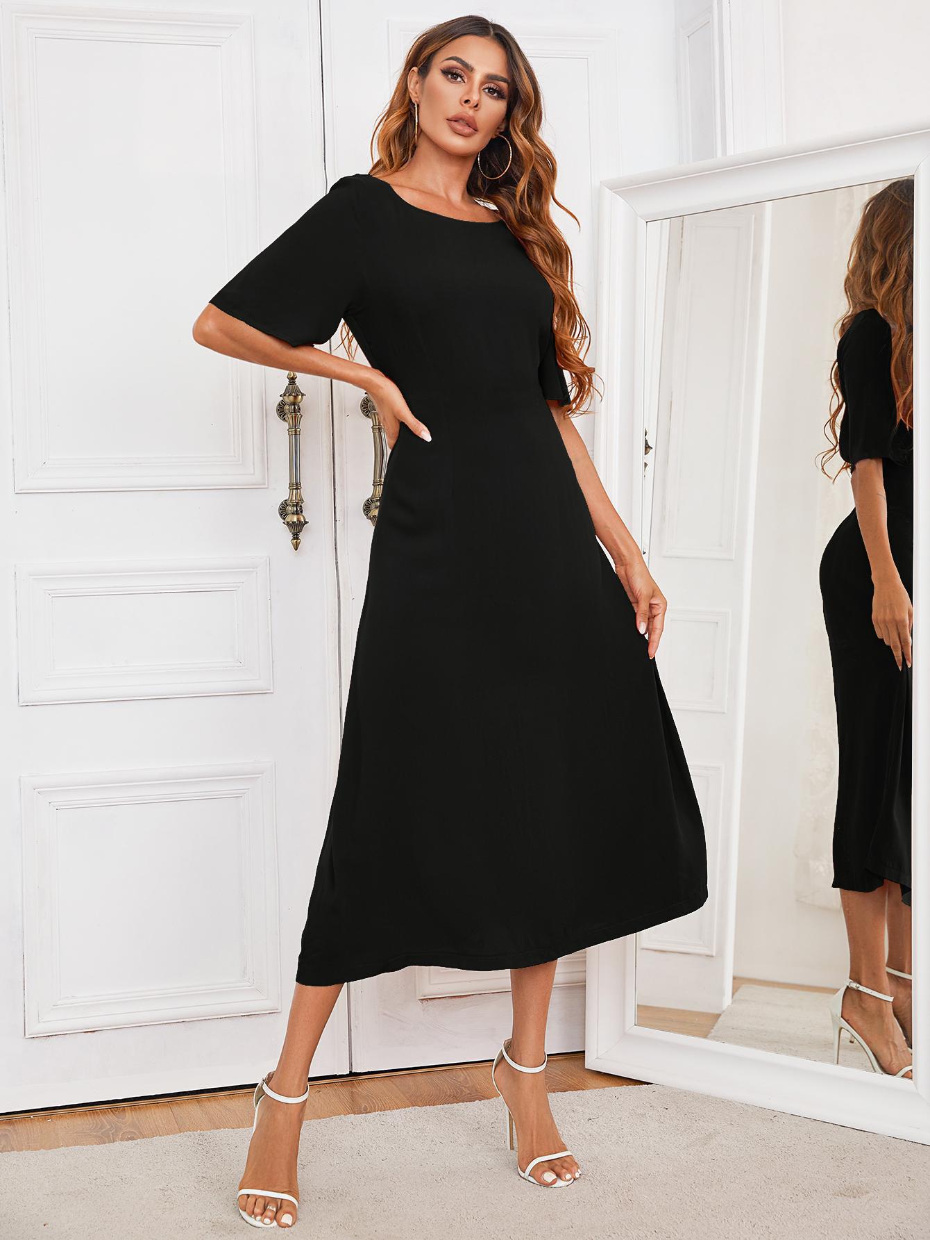 Round Neck Cutout Half Sleeve Dress - Flyclothing LLC