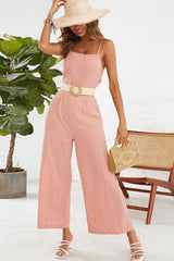 Cutout Spaghetti Strap Tie Back Wide Leg Jumpsuit - Flyclothing LLC