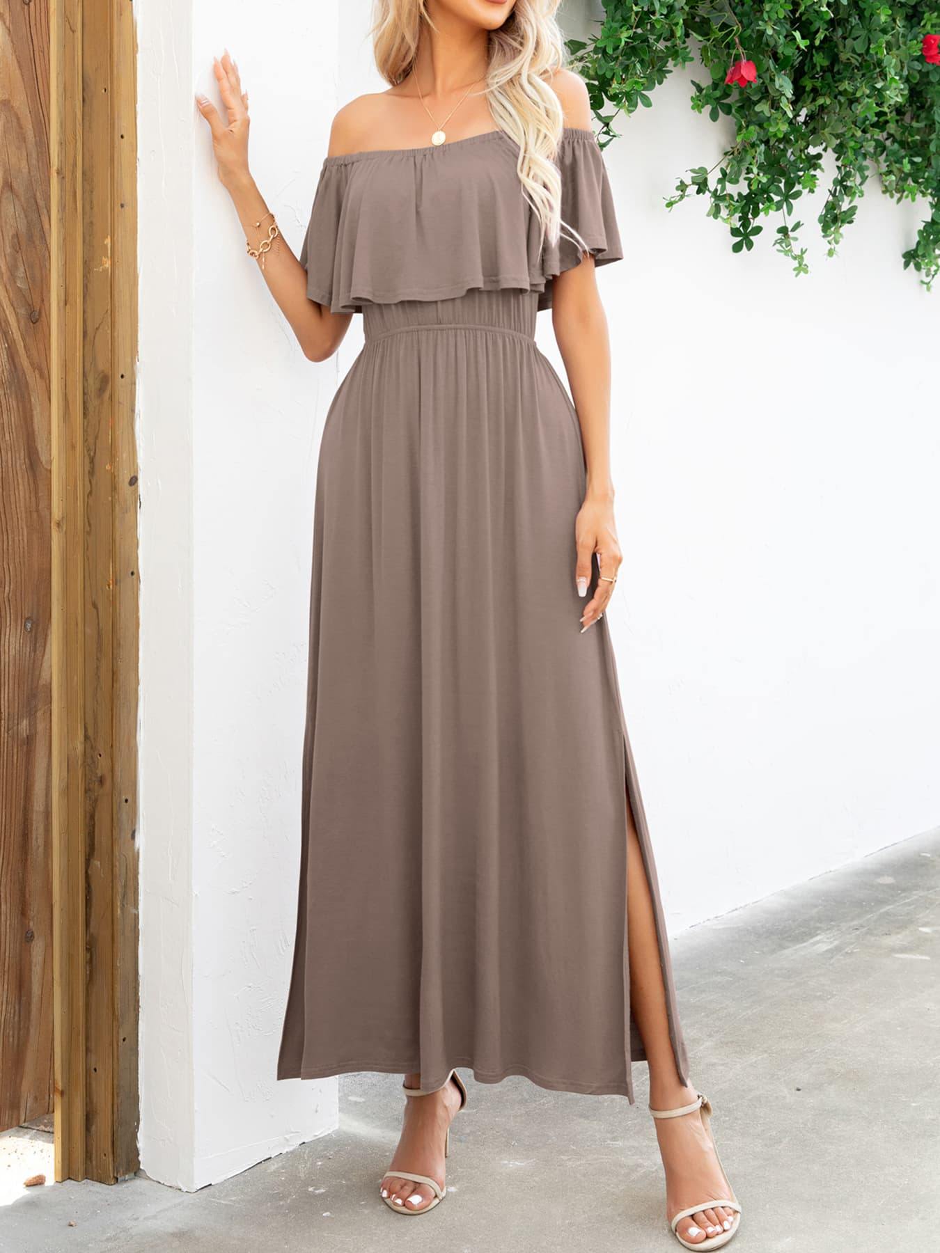 Off-Shoulder Slit Maxi Dress - Flyclothing LLC