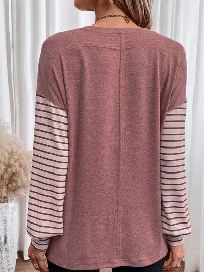 Round Neck Striped Long Sleeve Slit T-Shirt - Flyclothing LLC