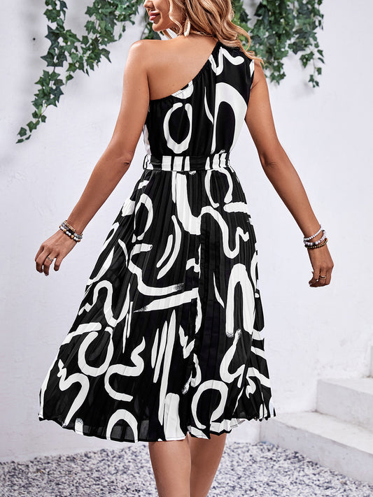 Printed Single Shoulder Tie Waist Dress - Flyclothing LLC