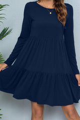 Round Neck Long Sleeved Tiered Dress - Flyclothing LLC