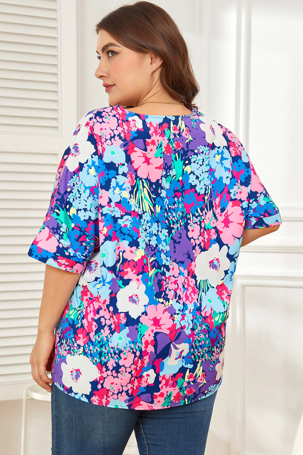 Floral Center Seam V-Neck Blouse - Flyclothing LLC