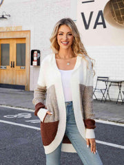 Color Block Open Front Hooded Cardigan - Flyclothing LLC