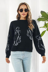 Cat Pattern Round Neck Long Sleeve Pullover Sweater - Flyclothing LLC