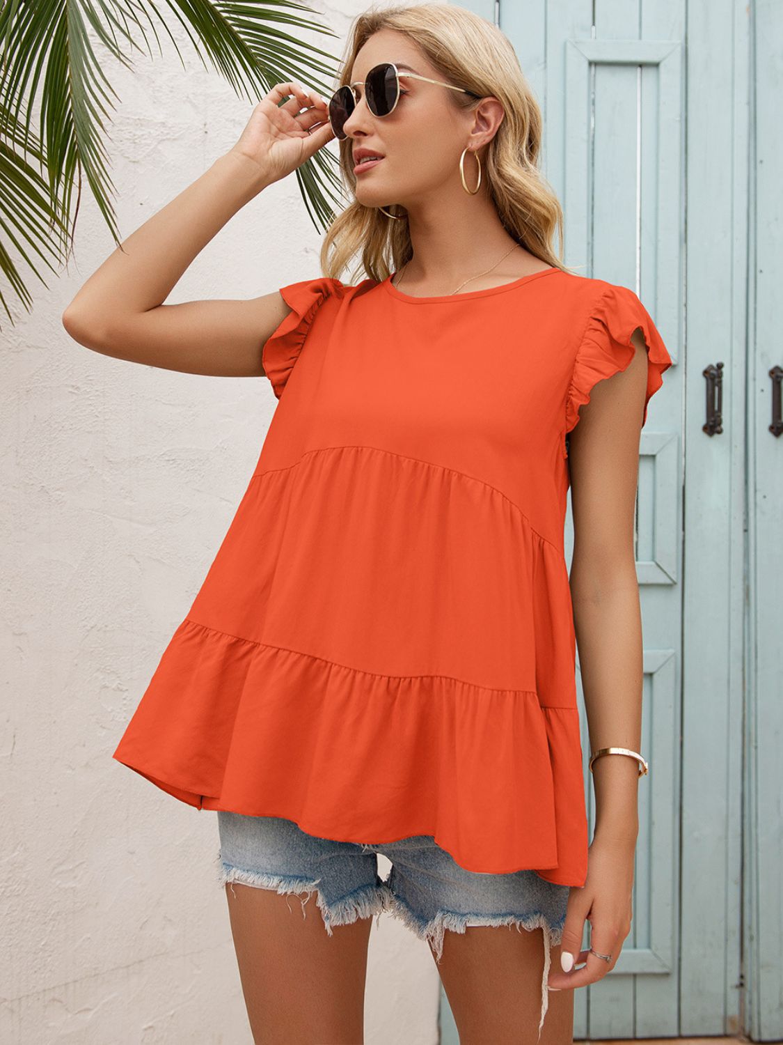 Round Neck Flutter Sleeve Tiered Blouse - Flyclothing LLC