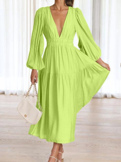 Deep V-Neck Balloon Sleeve Plain Maxi Dress - Flyclothing LLC